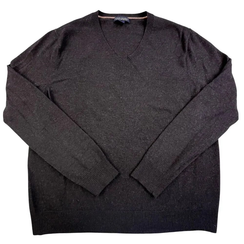 Banana Republic Sweater Mens XL Brown Extra Fine Merino Wool V-Neck Tight Knit